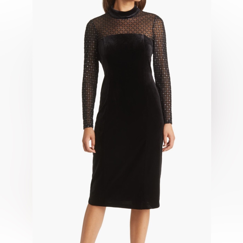 NEW Eliza J | Beaded Yoke Mixed Media Long Sleeve Sheath Dress | Size 14